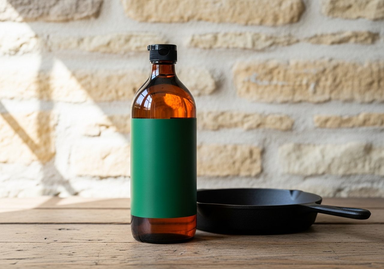 The Herdwick: a sturdy amber glass bottle of heavy-duty degreaser with a deep-green label, beside a cast iron pan