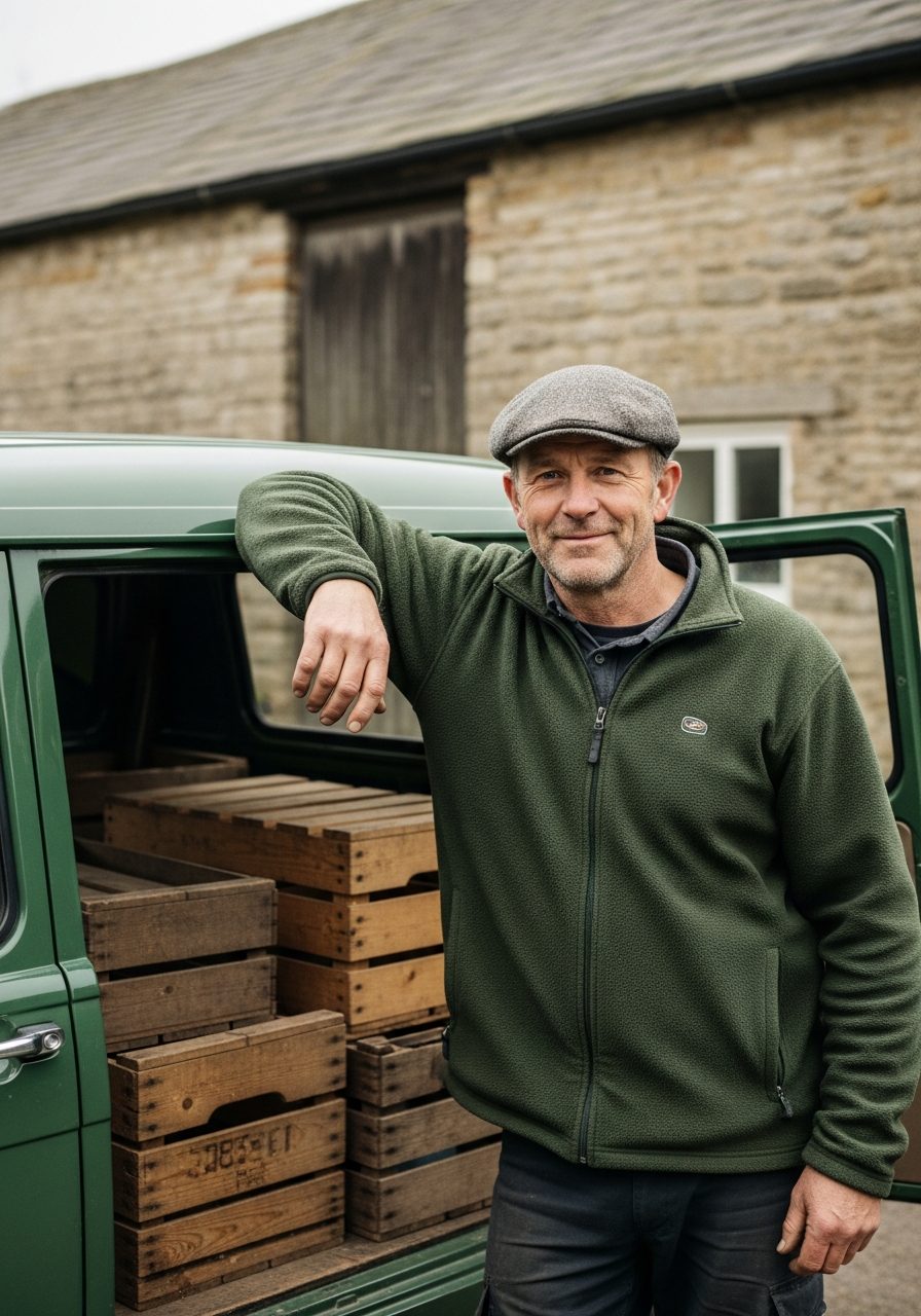 Jim Sowerby, warehouse and van at Brambleton & Co., in a flat cap leaning on the green delivery van loaded with crates
