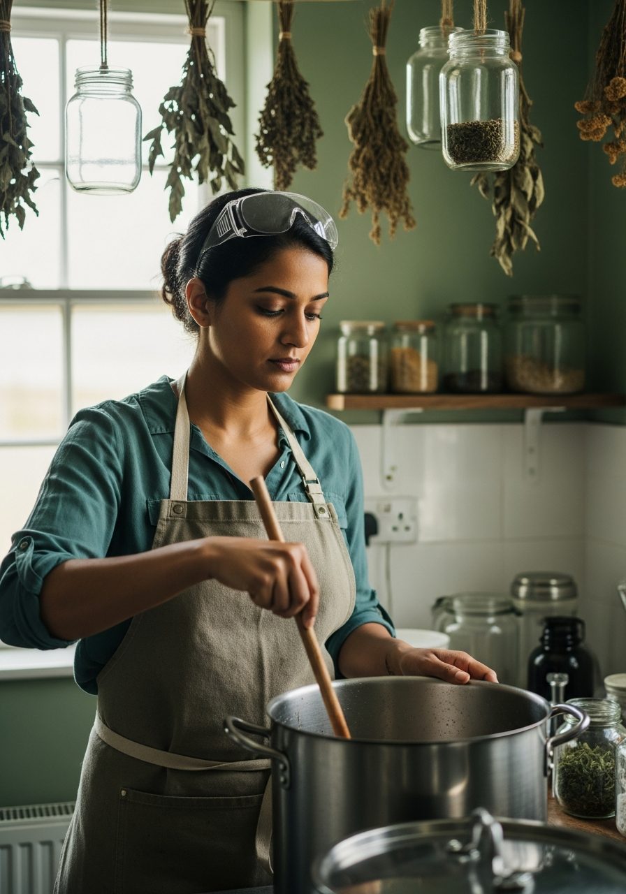 Kirsty Aldous, mixing shed at Brambleton & Co., stirring a steel pot beneath hanging dried herbs