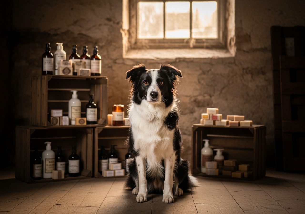 Mabel, the Brambleton & Co. warehouse dog: a black and white border collie sitting among crates of soap and bottles