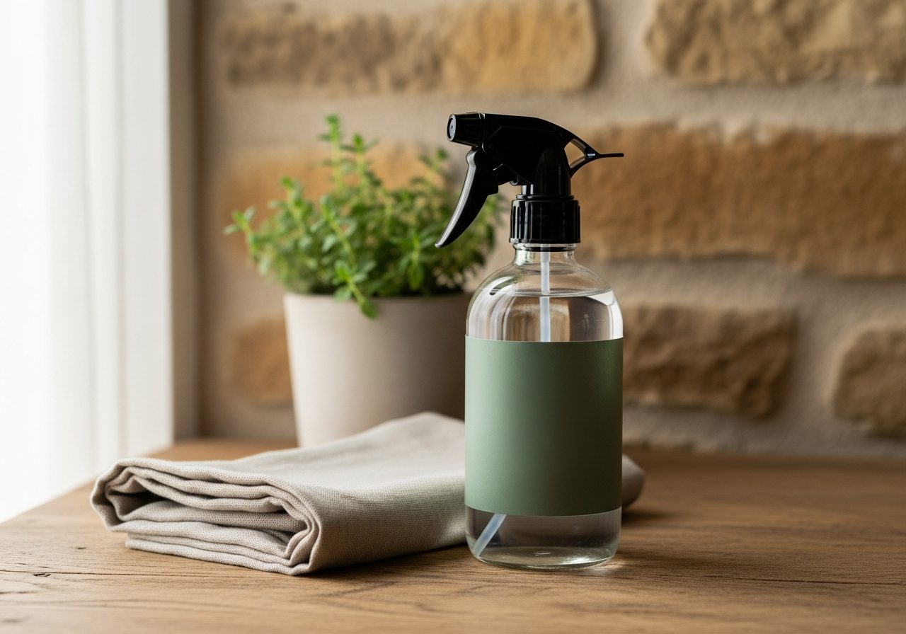The Masham: a clear glass spray bottle of multi-surface cleaner with a deep-green label, beside a folded linen cloth and potted herb