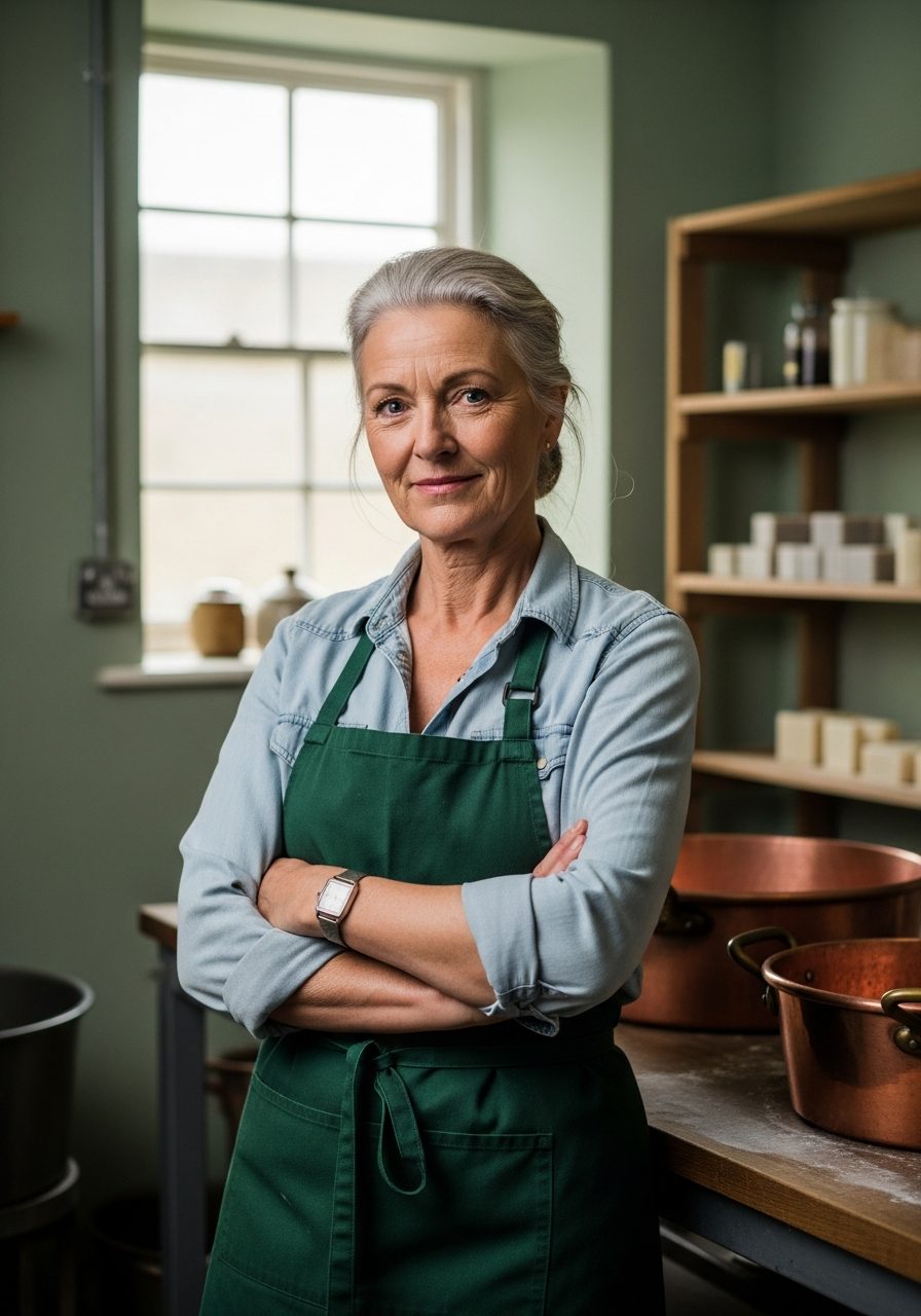 Maureen Bramble, founder of Brambleton & Co., arms crossed in a green work apron in the soap workshop, copper pans behind her