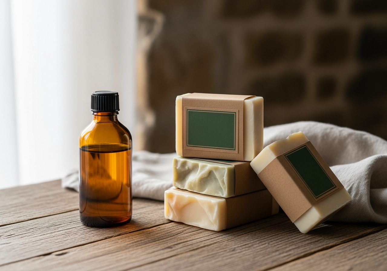 Brambleton & Co. plant-based products: handmade soap bars in kraft paper with deep-green labels stacked on an oak table beside an amber bottle of cleaning liquid