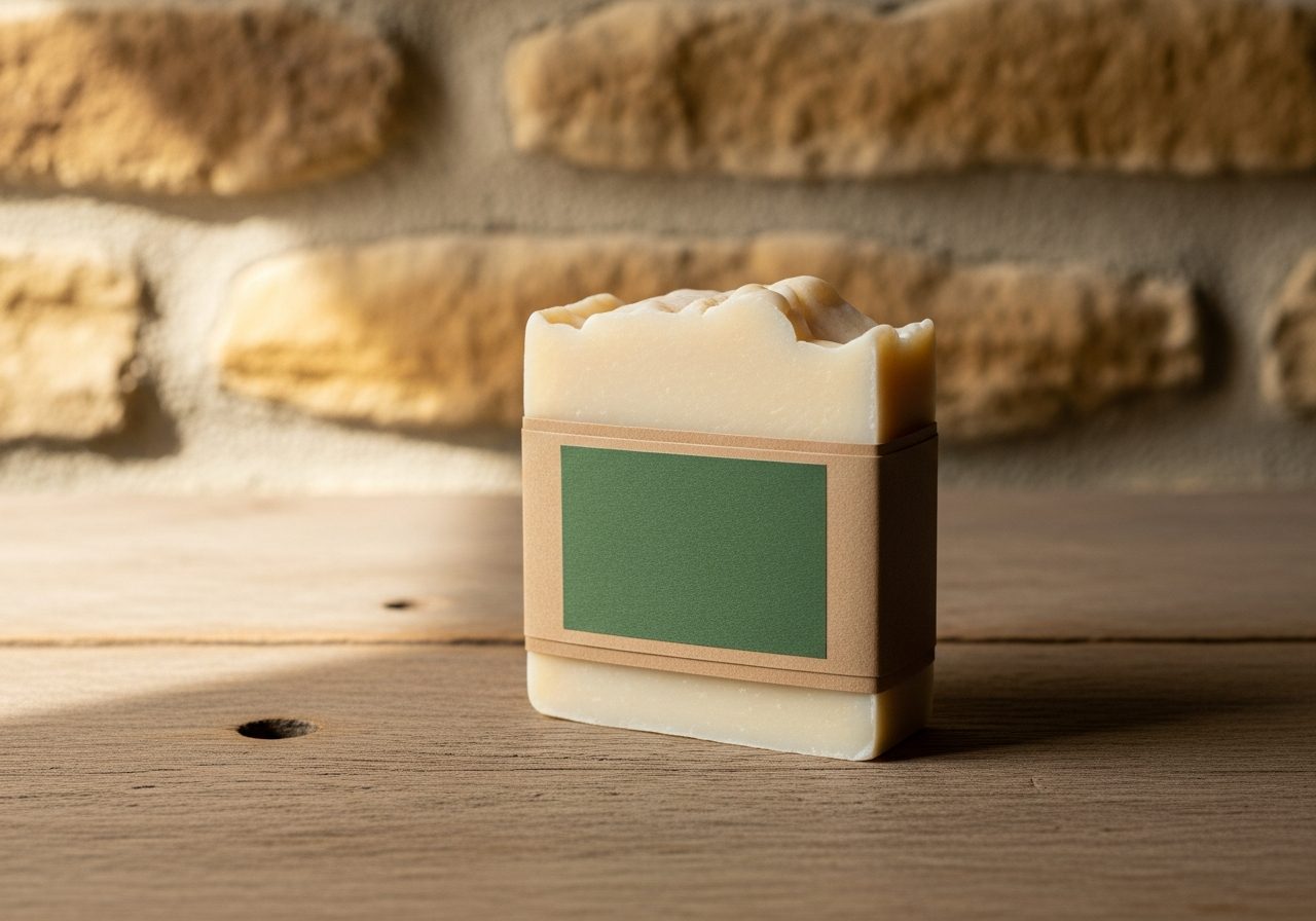 The Swaledale: a handmade cream bar soap with a kraft paper band and plain deep-green label, on an oak table