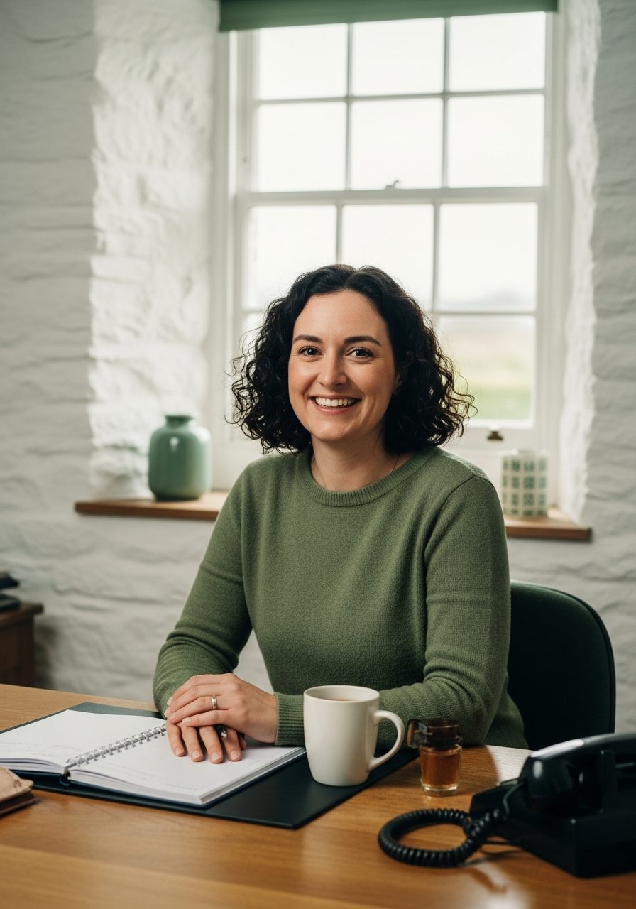 Tess Fairburn, office manager at Brambleton & Co., at her desk with the diary, a mug of tea and the old landline