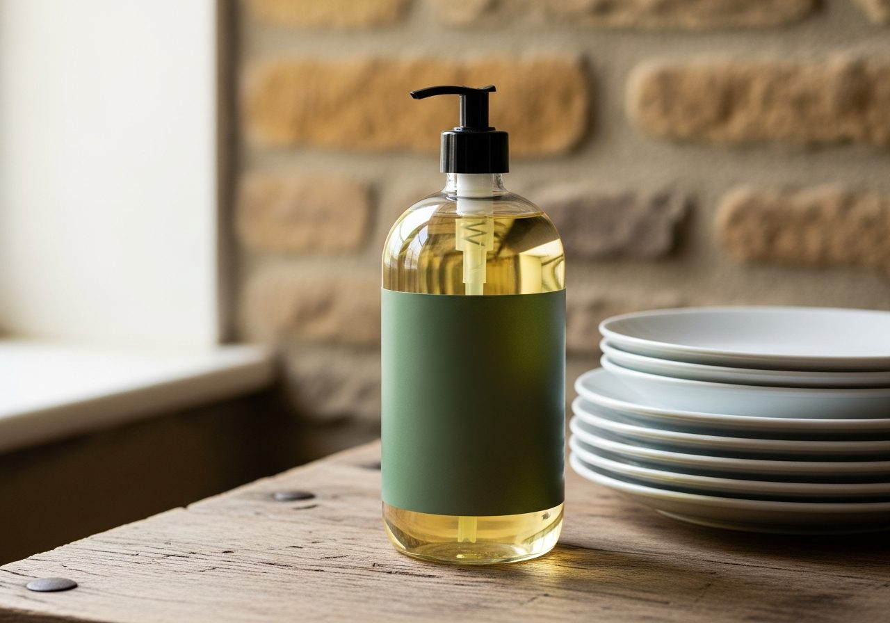 The Wensleydale: a glass pump bottle of pale golden washing-up liquid with a deep-green label, beside a stack of clean plates